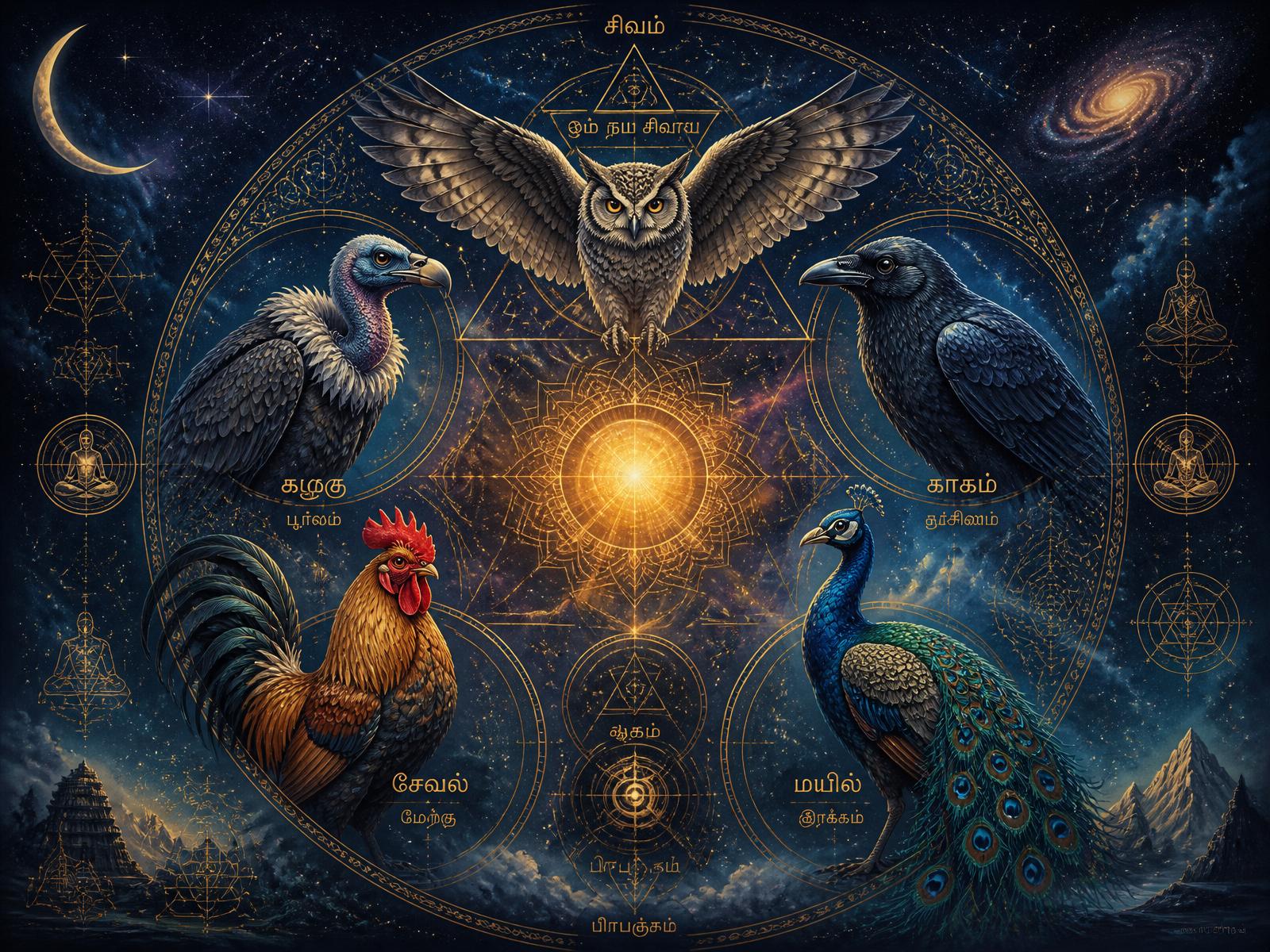 Sacred mandala of the five cosmic birds of Pancha Pakshi Shastra